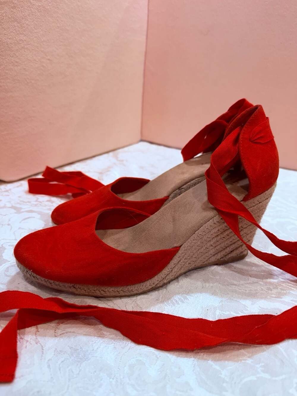 Old Navy Red Lace Up Espadrille Wedge Sandals